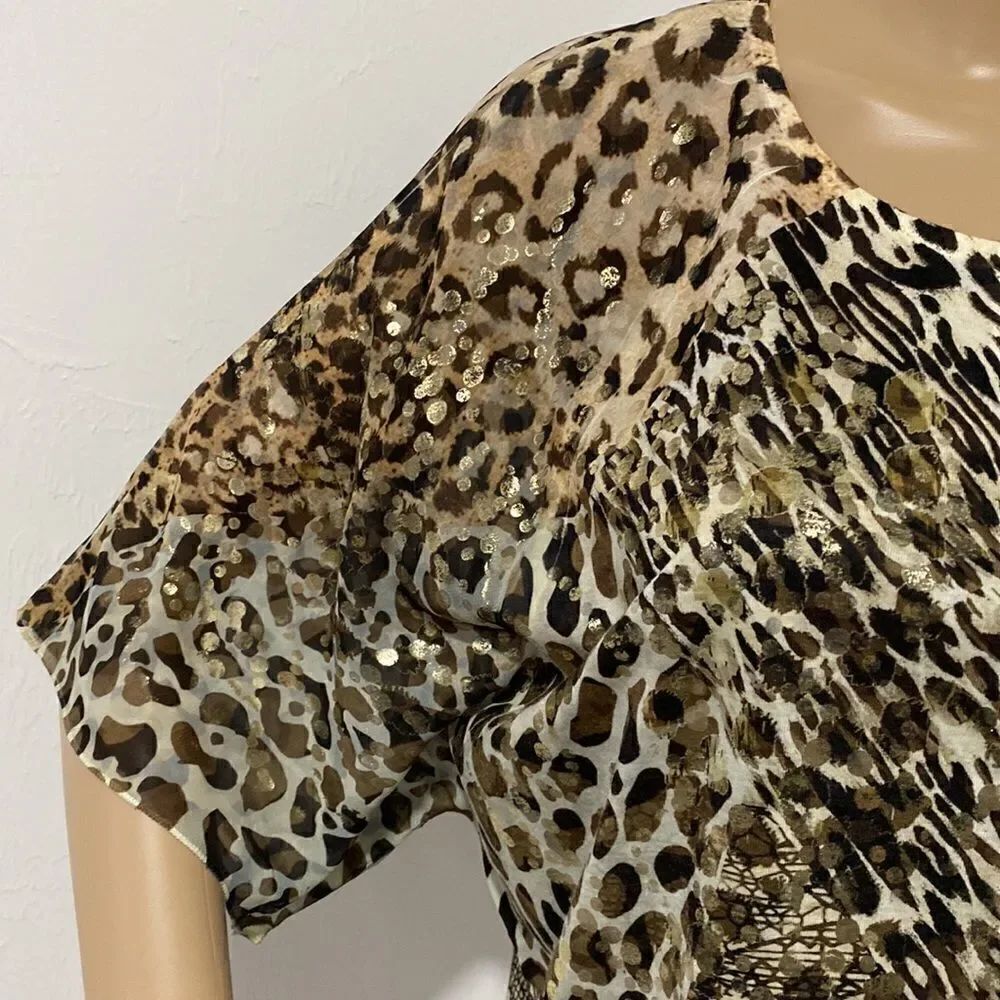 Chico’s Reverse Patchwork Flutter Split-Neck Animal Print Top size L - Picture 3 of 10
